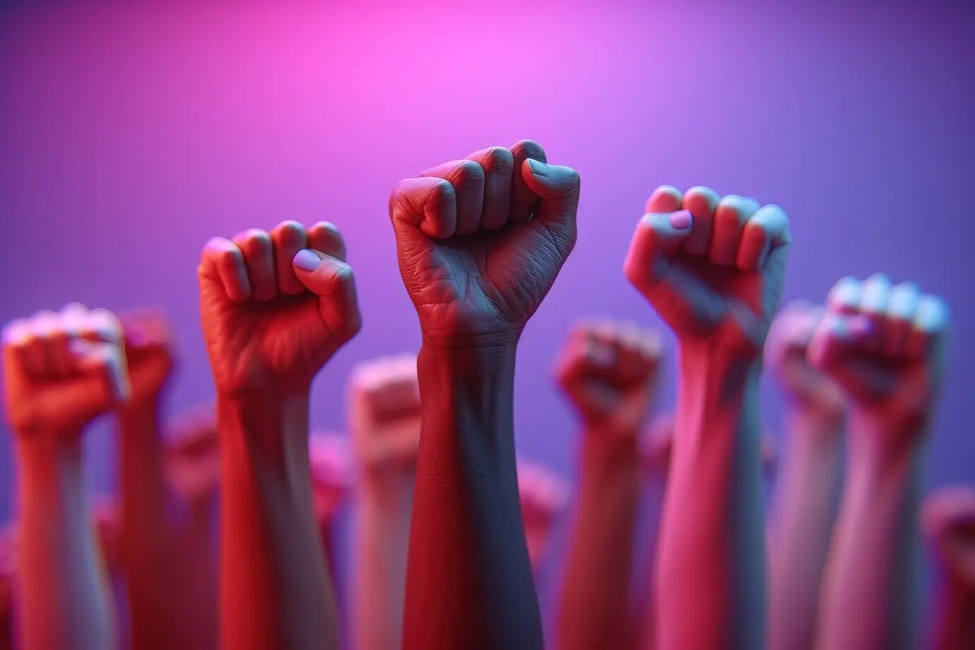 Вид рук с поднятыми кулаками на праздновании Дня женщин.